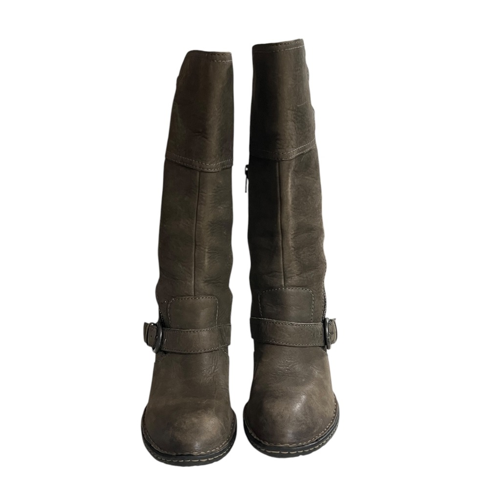Born Tall Leather Moto Boots Gray Brown Buckle Zip Block Heel Women's 8.5 - Picture 3 of 9
